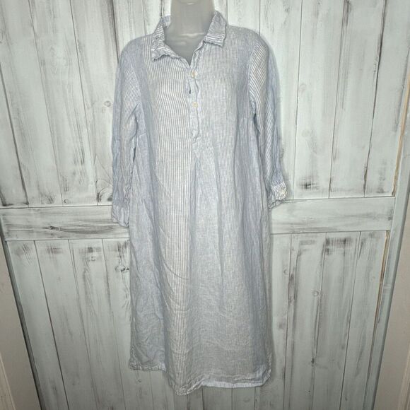 CP SHADES BLUE WHITE STRIPED 100% LINEN RUMER 3/4 SLEEVE MIDI MAXI SHIRT DRESS S